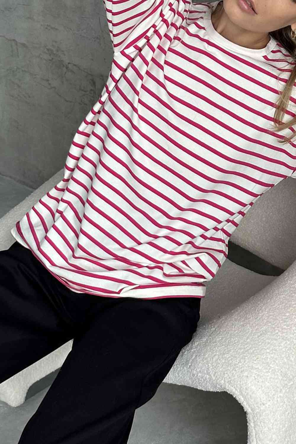 swvws Round Neck Striped Dropped Shoulder T-Shirt