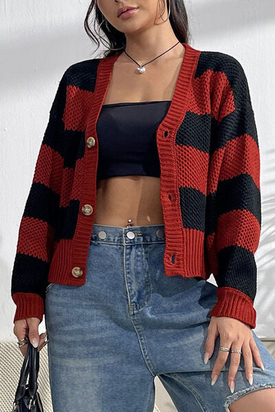 swvws Striped Button Up Dropped Shoulder Cardigan