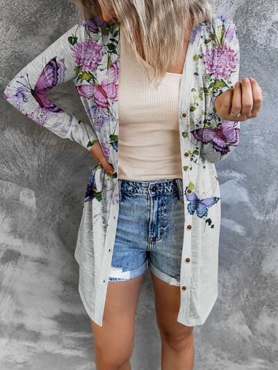 swvws Printed Button Up Long Sleeve Cardigan