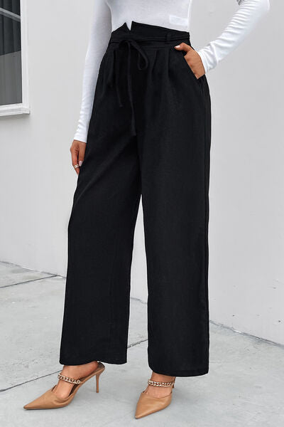 swvws High Waist Ruched Tie Front Wide Leg Pants