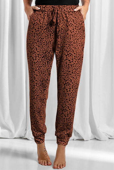 swvws Full Size Leopard Drawstring Pocketed Pants