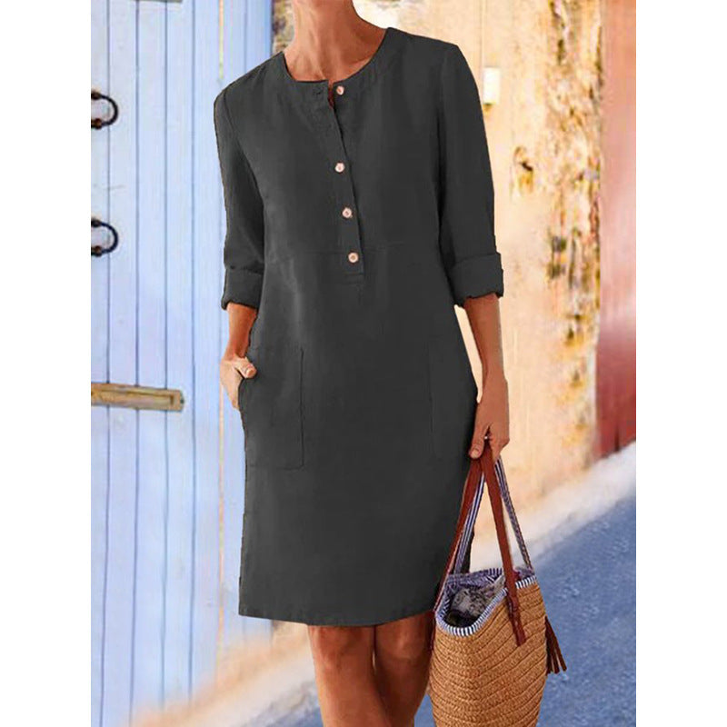 SWVWS Cross-Border Spring New   Popular plus Size Women's Cotton and Linen round-Neck Long-Sleeved Dress