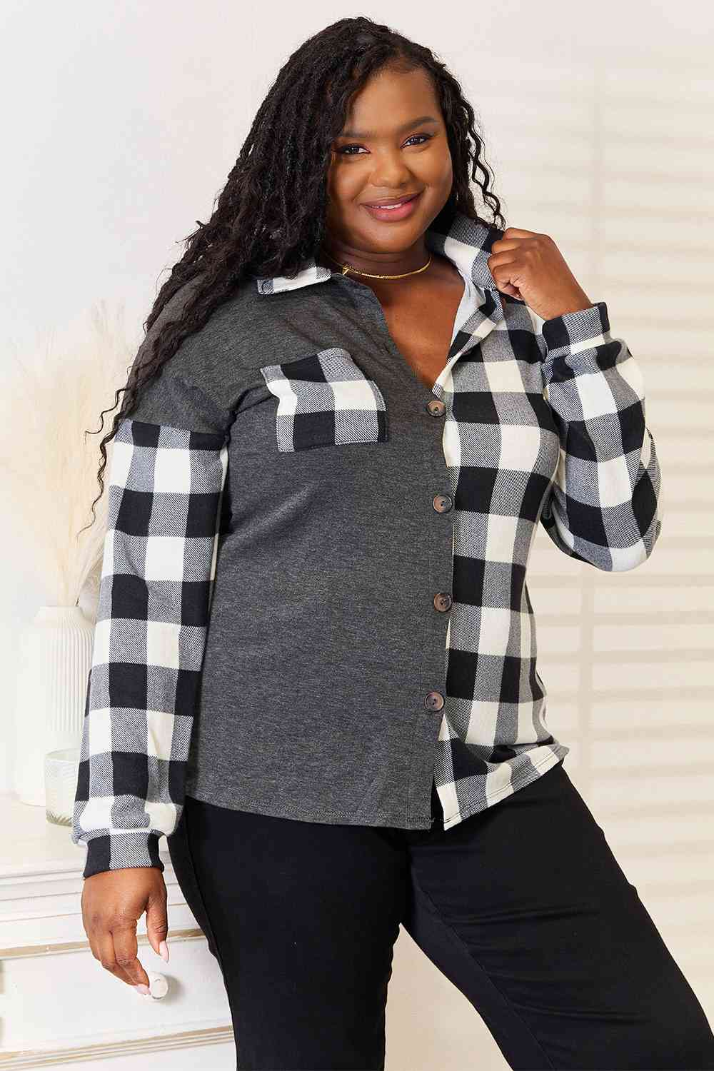 swvws Heimish Solid Plaid Contrast Shacket