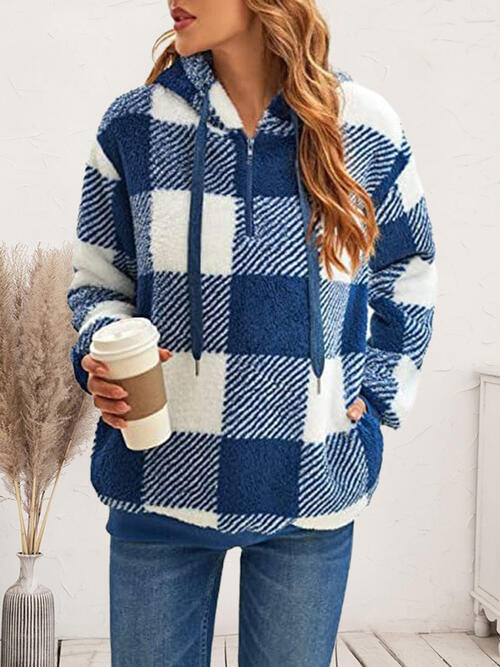 swvws Plaid Half Zip Drawstring Hoodie