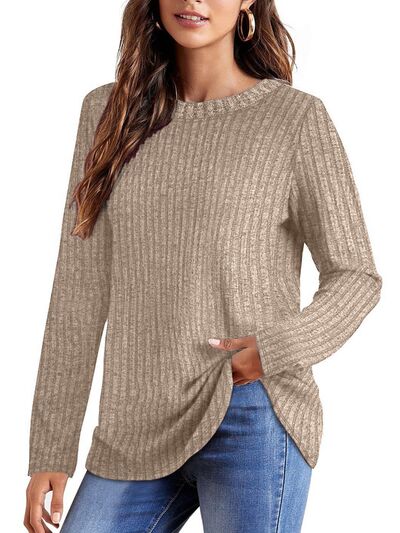 swvws Ribbed Round Neck Long Sleeve Blouse