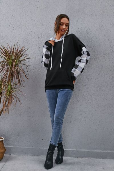 swvws Plaid Drawstring Dropped Shoulder Hoodie