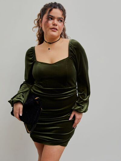 swvws Plus Size Ruched Square Neck Balloon Sleeve Wrap Dress