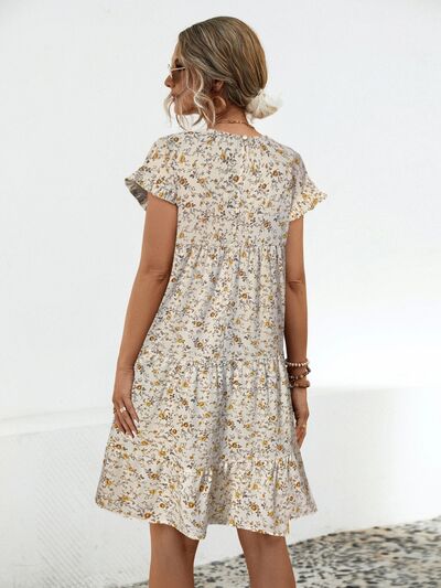 swvws Frill Floral Round Neck Short Sleeve Tiered Dress