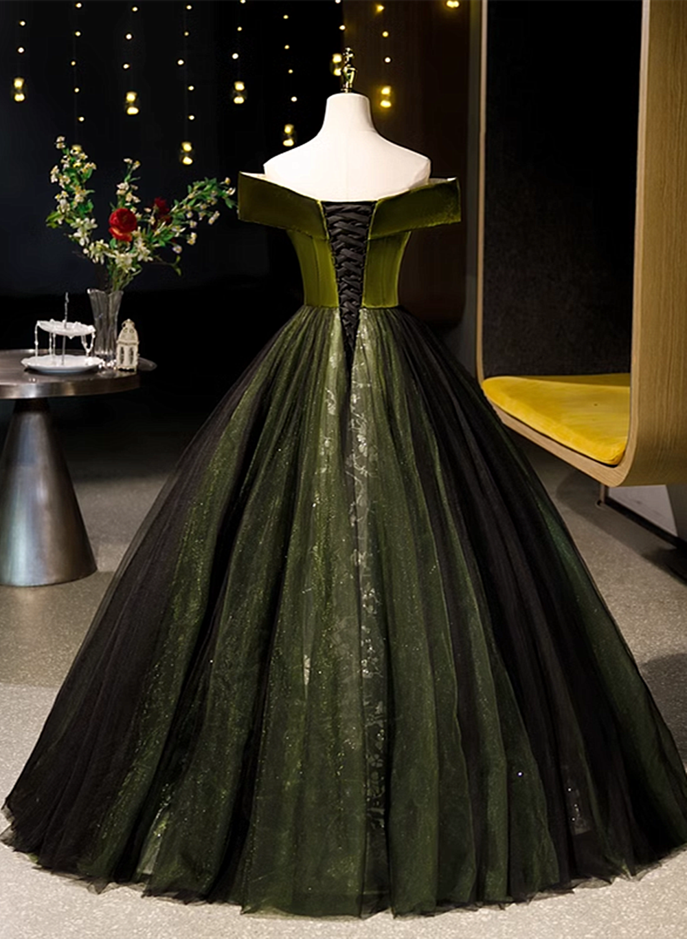 Tmallworld Green Velvet and Tulle Off Shoulder Party Dress, A-line Green Evening Dress Prom Dress