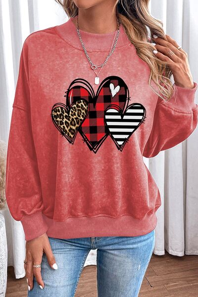 swvws Heart Round Neck Dropped Shoulder Sweatshirt