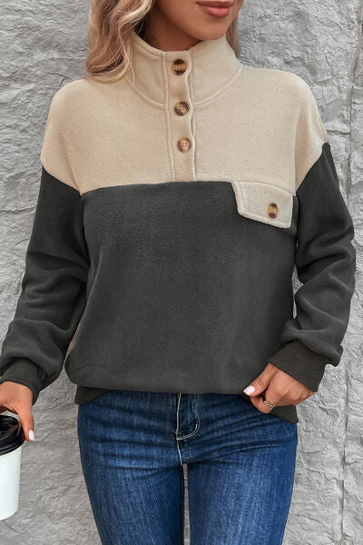 swvws Color Block Quarter Button Dropped Shoulder Sweatshirt