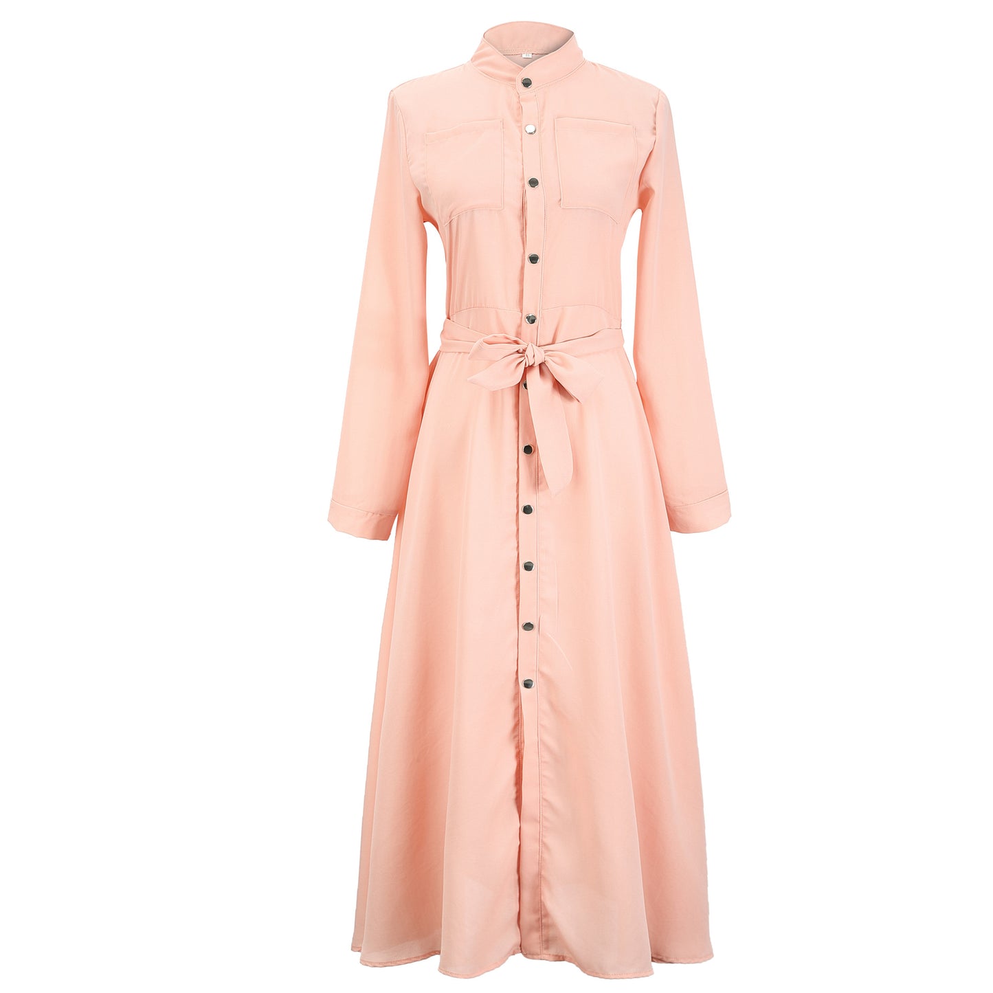 SWVWS Women's New Cross-Border  plus Size Women's Dress Chiffon Solid Color Long Sleeve Button Lace-up Dress