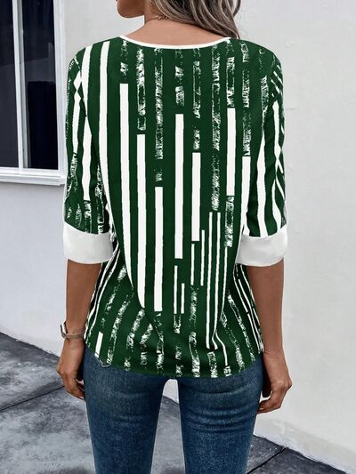 swvws Striped Notched Half Sleeve Blouse