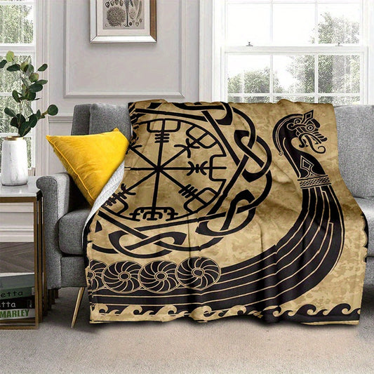 1pc Cozy Norse Mythology Viking Rune Digital Print Flannel Blanket - Ultra-Lightweight, Soft, and Padded for Four Seasons - Family, Picnic, Travel, and Casual Use - Machine Washable and Easy Care