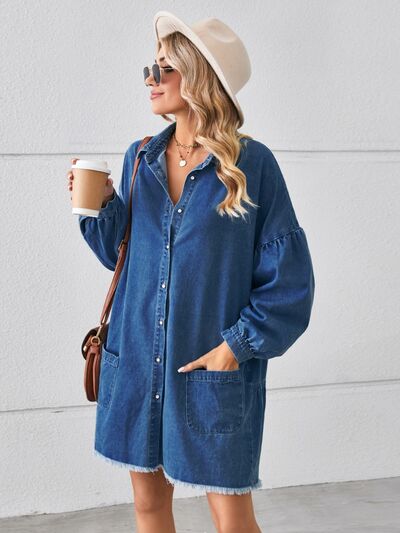 swvws Button Up Pocketed Raw Hem Denim Dress