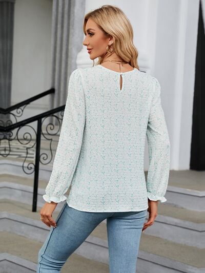 swvws Printed Round Neck Flounce Sleeve Blouse