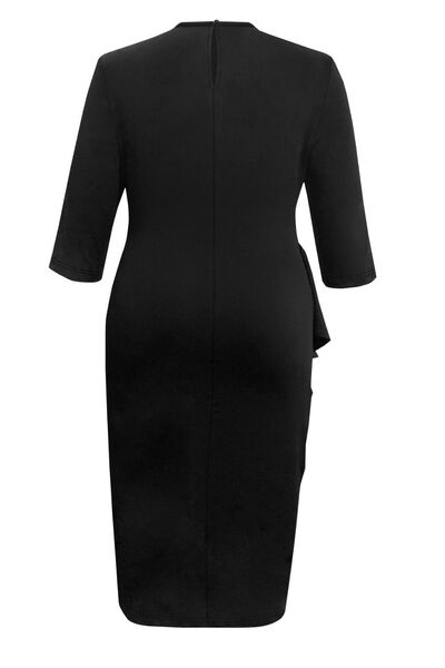 swvws Plus Size Ruffle Trim Round Neck Long Sleeve Dress