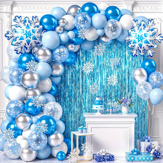 136pcs Snow & Ice Themed Balloon Set - Metallic Blue, Silvery, and Maca White for Winter Parties, Christmas, Weddings, Birthdays - Durable Latex/Aluminum Film