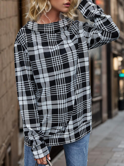 swvws Plaid Mock Neck Long Sleeve Hoodie