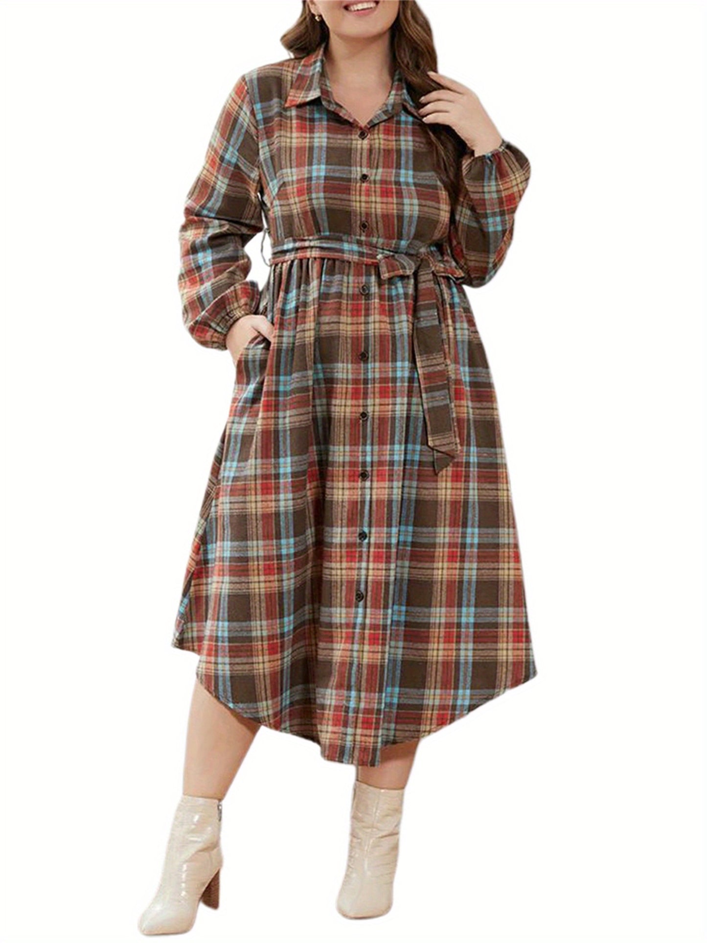 Christmas Women Shirt Dress, Long Sleeve Turn-down Collar Plaid Dress Loose Long Dress with Belt