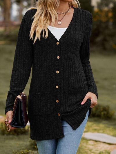 swvws Ribbed Button Up Long Sleeve Cardigan