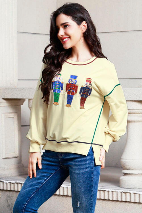 swvws Sequin Nutcracker Round Neck Slit Sweatshirt