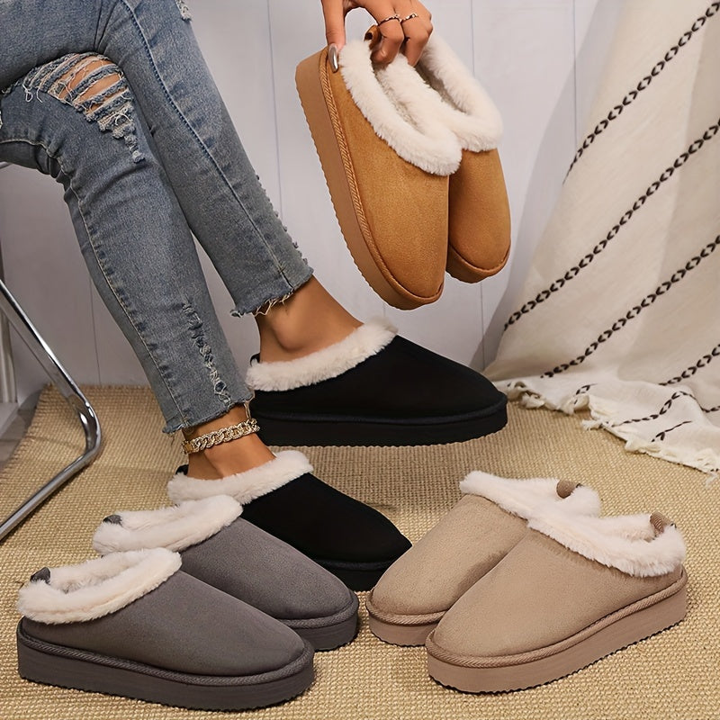 Women's Plush Lined Warm Slippers, Comfortable Winter Snow Shoes, Closed Toe Slip On Backless Indoor Outdoor Slippers