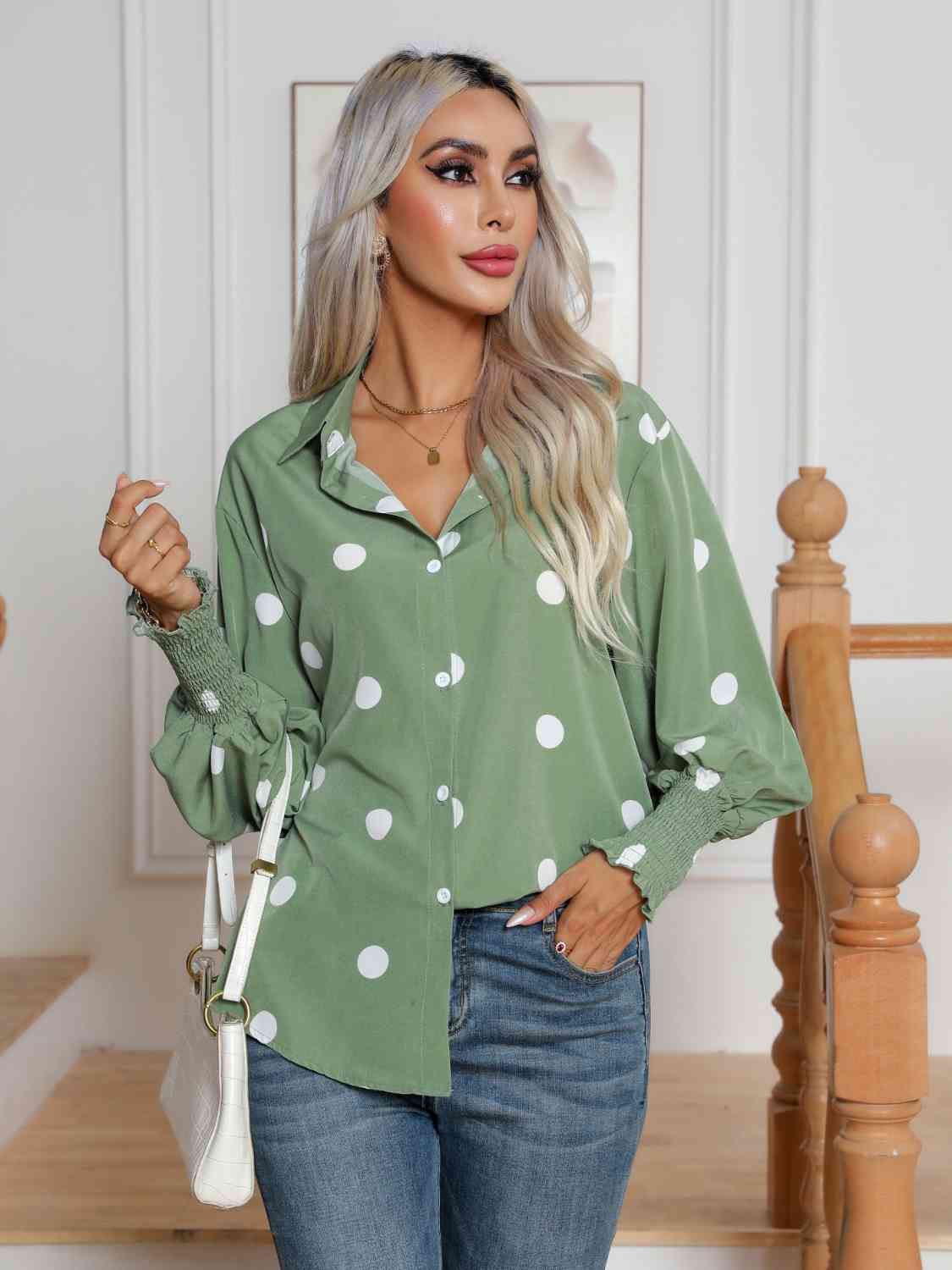 swvws Polka Dot Collared Neck Buttoned Lantern Sleeve Shirt