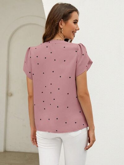 swvws Heart Print Notched Petal Sleeve Blouse