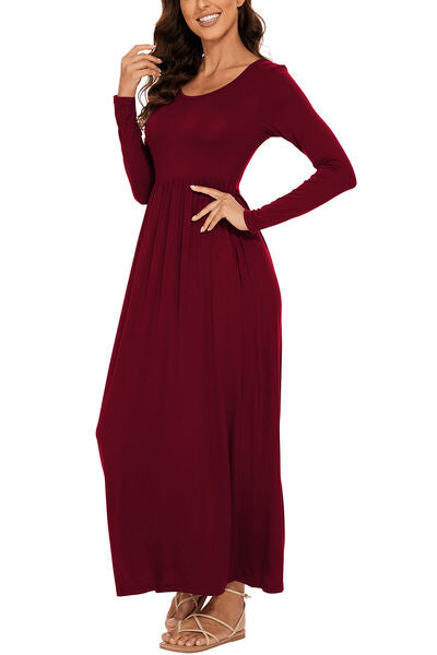 swvws Round Neck Long Sleeve Pocketed Maxi Dress