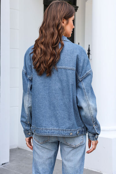 swvws Button Up Dropped Shoulder Denim Jacket with Pockets