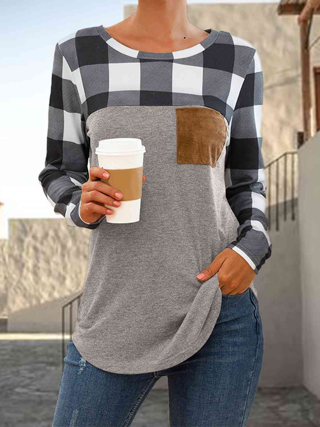 swvws Plaid Round Neck Long Sleeve T-Shirt