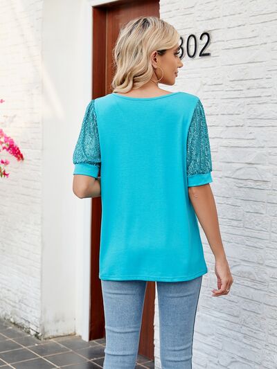 swvws Sequin V-Neck Short Sleeve Blouse