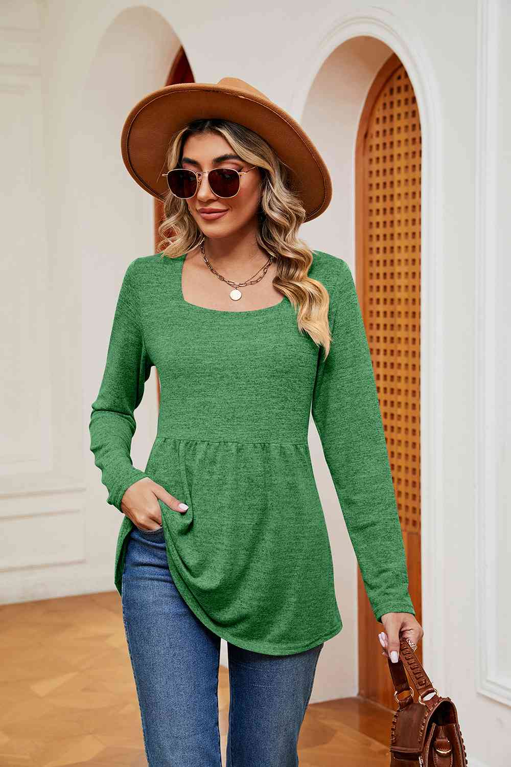 swvws Square Neck Long Sleeve Peplum Top