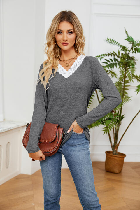 swvws Lace Detailed V Neck Top