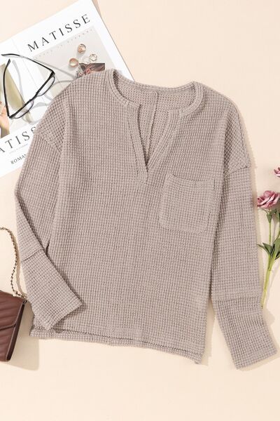 swvws Waffle-Knit Notched Dropped Shoulder Blouse