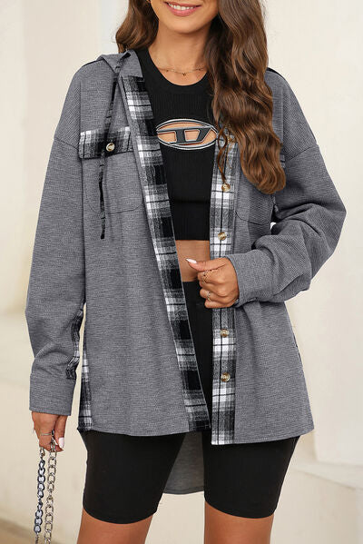 swvws Plaid Waffle-Knit Drawstring Hooded Jacket