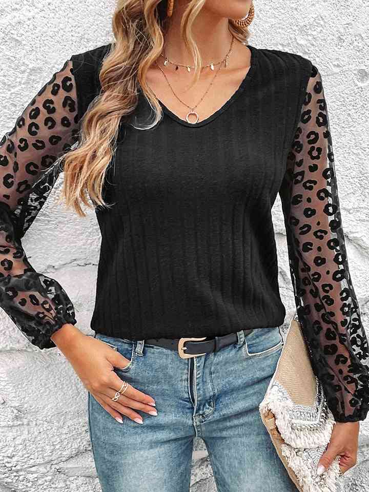 swvws Leopard Long Sleeve V-Neck Top