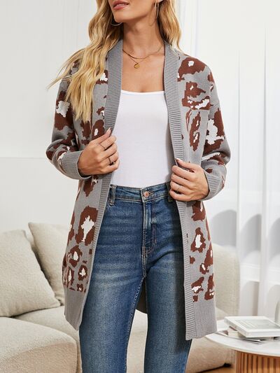 swvws Leopard Open Front Dropped Shoulder Cardigan