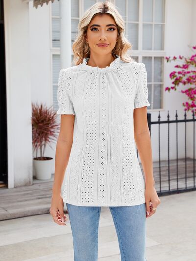 swvws Eyelet Frill Mock Neck Flounce Sleeve Blouse