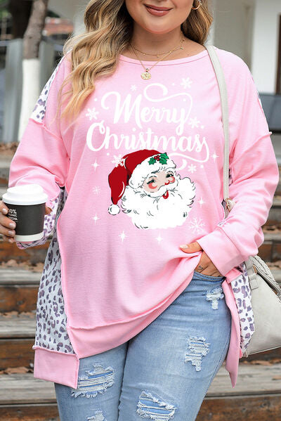 swvws Plus Size Santa Leopard Dropped Shoulder Sweatshirt