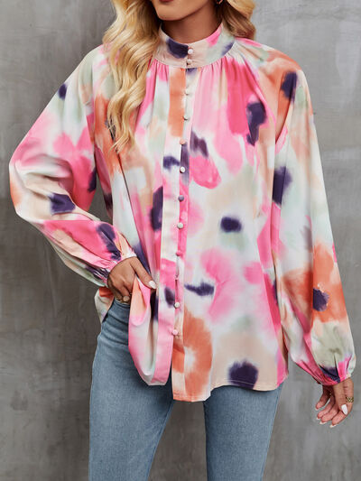 swvws Printed Mock Neck Balloon Sleeve Shirt