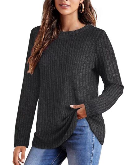 swvws Ribbed Round Neck Long Sleeve Blouse