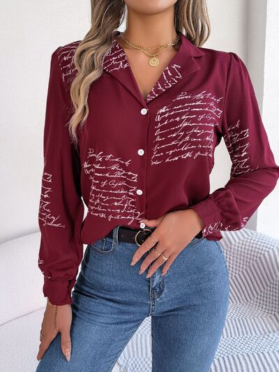 swvws Letter Printed Button Up Long Sleeve Blouse