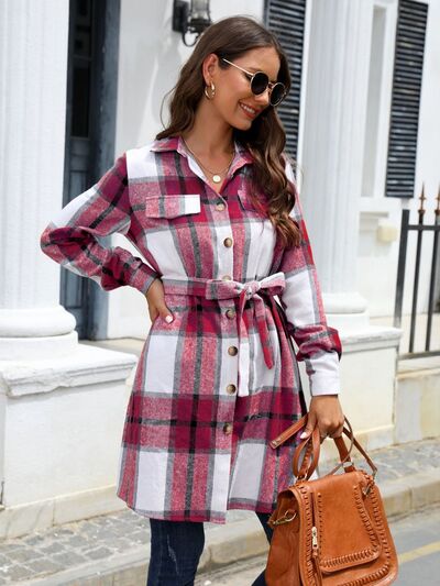 swvws Plaid Belted Collared Neck Button Up Jacket