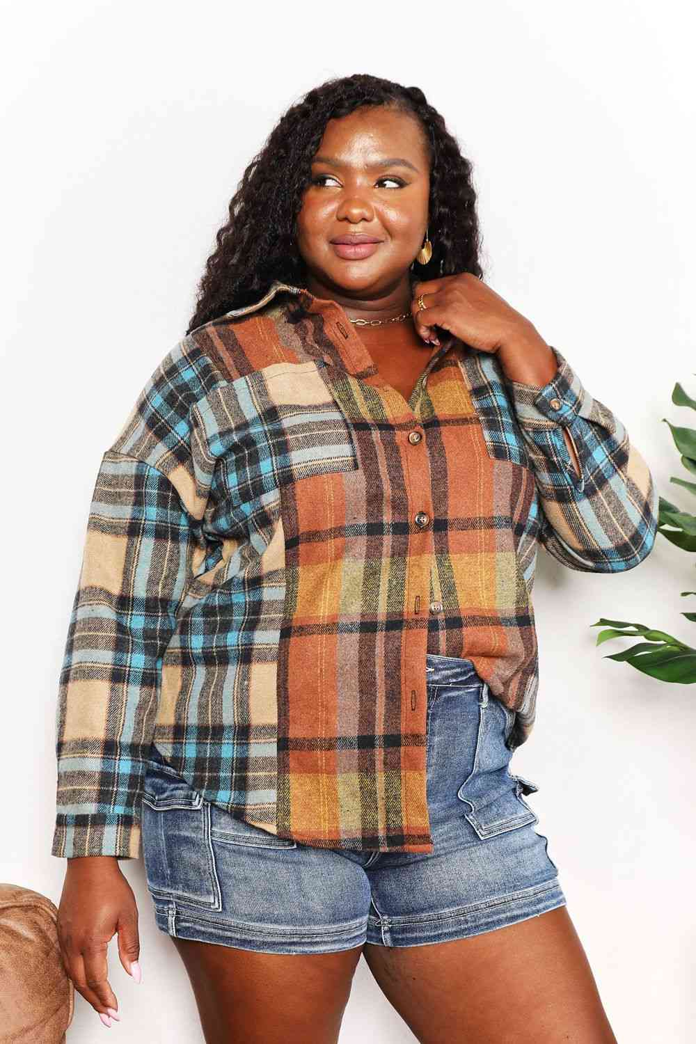 swvws Double Take Plaid Curved Hem Shirt Jacket with Breast Pockets