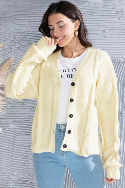 swvws Button Up V-Neck Drop Shoulder Long Sleeve Cardigan