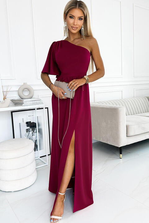 swvws One shoulder Flutter sleeves Slit Dress