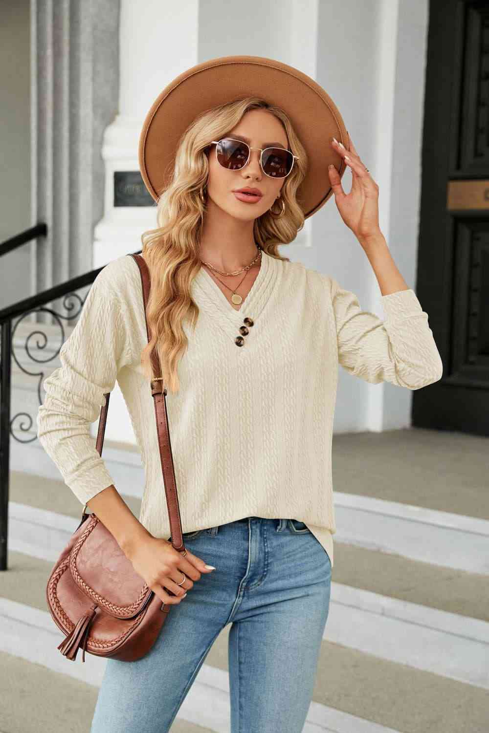 swvws Decorative Button V-Neck Long Sleeve T-Shirt