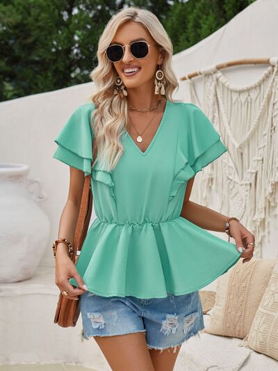 swvws Ruffled V-Neck Peplum Blouse